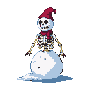A skeletal snowman wearing a red hat and scarf grins cheerfully.