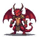 Red-scaled demon with golden armor and leathery wings, stoic expression, sharp horns, muscular physique.