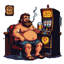 A portly man with a long beard and unkempt hair sits in a dimly lit bar, playing a slot machine. He wears a tank top and shorts, holding a beer and a smoking cigar.