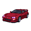 Vibrant red Mazda RX-7 with glowing pink headlights against a black background.