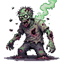 A decaying zombie lurches forward, its flesh sickly green and mottled with dark bruises. Pustules and open wounds mar its emaciated frame, and tattered clothing hangs loosely. Greenish smoke billows from its upper body, with tiny dark pixels scattered around.