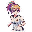 Young anime girl with multi-colored hair in a white Real Madrid football jersey, standing in a dynamic pose against a black background.