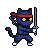 Feline ninja in dark blue suit and red headband, holding a glowing cyan sword, with bright yellow cross-shaped eyes.