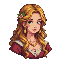 Woman with flowing golden hair, wearing a crimson gown, white chemise, and golden necklace, with a pink rose and green leaves in her hair.