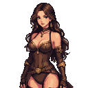 Full-body depiction of a woman with flowing dark hair and a confident gaze, wearing a detailed brown leather corset and matching attire.