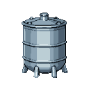 A gray and blue metallic water tank with a domed top and four supporting legs.