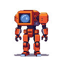 A stout orange robot with a large square screen displaying a blue orb on its head, and segmented limbs with dark blue joints.
