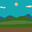 A minimalist landscape with rolling green hills, distant blue-grey mountains, and a brown foreground under a bright turquoise sky with an orange sun and two clouds.