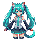 Hatsune Miku as a neko girl with turquoise twin tails and cat ears, wearing a futuristic grey and teal outfit, with a subtle cat tail, against a transparent background.