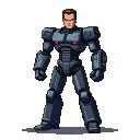 A menacing, dark blue and grey segmented robotic figure with red accents, standing stoically.