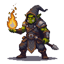 A green-skinned orc in dark hooded robes conjures a fiery orb with sparks. It wears leather armor with metal pauldrons and bracers, and a staff is at its side.