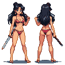 Woman in a red bikini holding a wooden sword, shown from front and back.