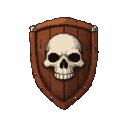 Weathered wooden shield with a white skull emblem.