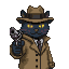 Black cat detective in trench coat and fedora holds a pistol, with determined yellow eyes.