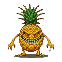 Menacing pineapple monster with a sinister grin, sharp yellow eyes, spiky green crown, spindly limbs, and rows of sharp white teeth against a dark background.