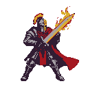 Knight with a fiery sword held aloft, wearing dark armor with a crimson cape.