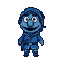 A blue, muppet-like adventurer with a rounded nose and wide eyes, wearing a hooded tunic and trousers in a pixel art style.