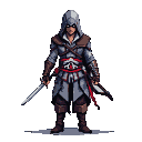 Stoic assassin in a hooded tunic, red and white sash, gripping two gleaming blades.