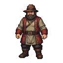 Stout, bearded merchant with a wide-brimmed hat, rustic tunic, and red vest with brass buttons, standing upright.