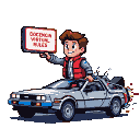 Young man in red vest and blue jeans atop a DeLorean time machine, holding a sign that reads "DOCENCIA VIRTUAL RULES."