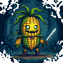 Zombie corn cob monster with cracked husk, glowing eyes, jagged grin, and torn leaf arms, one holding a rusty sword, in a dark forest.