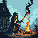 Skeleton warrior in dark cloak beside campfire, holding a sword with dark flame, medieval cabin with glowing window in background.