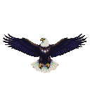 A majestic bald eagle, rendered in striking dark purple and white pixel art, soars with wings outstretched, embodying freedom and power.