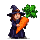 Young witch in a blue robe and pointed hat holds a giant orange carrot.