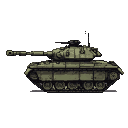 A stoic, olive-drab military tank in side-view profile, with a forward-extending cannon and machine guns atop the turret, against a transparent background.