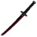A black katana with a red-lined blade and a golden accent on its hilt.