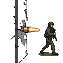 A tracer bullet, glowing orange and yellow, blasts through a grey wall, narrowly missing a soldier in a green uniform holding a rifle.