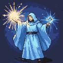 Priest in a light blue robe channeling a healing spell, with golden light erupting from his left hand and a glowing blue cross in his right.