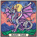 A white and purple dragon with dark speckles on its scales stands on green grass under a twilight sky with a pale yellow moon, scattered stars, and swirling pink and orange clouds. A banner at the bottom reads "HADO TARE."