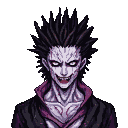Menacing figure with spiky dark hair, gaunt pale features, a wide grin with pointed teeth, stark white void eyes, and tribal patterns on purple-tinged skin.