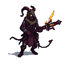 A horned, cloaked figure with a single glowing yellow eye, holding a fiery weapon, with two wispy tails.