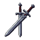 Two crossed medieval swords with dark steel blades, refined crossguards, and red-detailed grips on a transparent background.