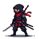 Pixel art ninja with red scarf and sash, holding a sword, with two swords sheathed on his back.