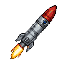 Silver rocket with a red nose cone ascending diagonally through space, leaving a fiery orange and yellow exhaust trail.