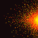Pixel Art: Intense side view of particles scattering prominently to the...