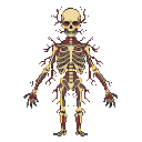 Skeletal figure with glowing red eyes and dark, branching nervous system elements.