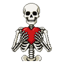 A skeletal figure holding a vibrant red heart against its ribcage on a black background.