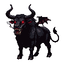 A pixelated demon cow with glowing red eyes and sharp teeth, its mouth open. Small, red-tinged bat-like wings extend from its back.