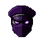 Masked figure wearing a dark purple beret and face covering, with a glowing purple eye.