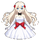 Young woman with long ivory hair, blue eyes, and a joyful smile, wearing a strapless white gown with a red bow, white opera gloves, red floral hairpins, a blue streak in her bangs, and a black butterfly choker.