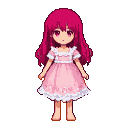 Pixel Art: 帮我生成一个深粉色头发穿着淡粉色和白色相间的花边连衣裙的女孩，光脚站立的16*16分辨率的