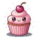 Pixel Art: A pink cupcake with shiny eyes and a soft little smile. A pi...