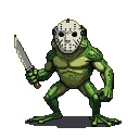Pixel Art: frog killer holding knife and wearing hockey mask