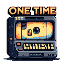 Pixelated vintage cassette player with a cassette tape featuring an eye and mouth, against a transparent background. "ONE TIME" in glowing orange pixel letters above.