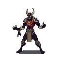 A dark, armored figure with crimson and gold accents, demonic horns, and a glowing red eye stands ready.