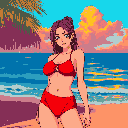 Anime woman in a red summer outfit on a beach, with a dramatic sunset over the ocean and palm fronds.